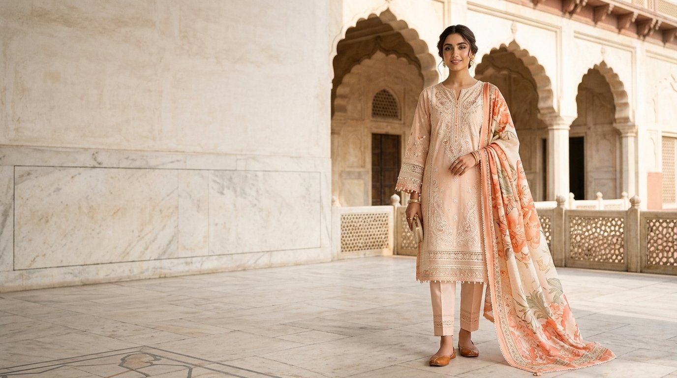 Pakistani woman wearing a luxury embroidered 3-piece peach lawn suit from ZARÉYA